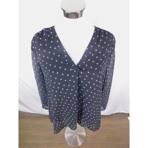 Jones NY XL Black Polka Dot Sheer V Neck Blouse - Picture 2 of 9